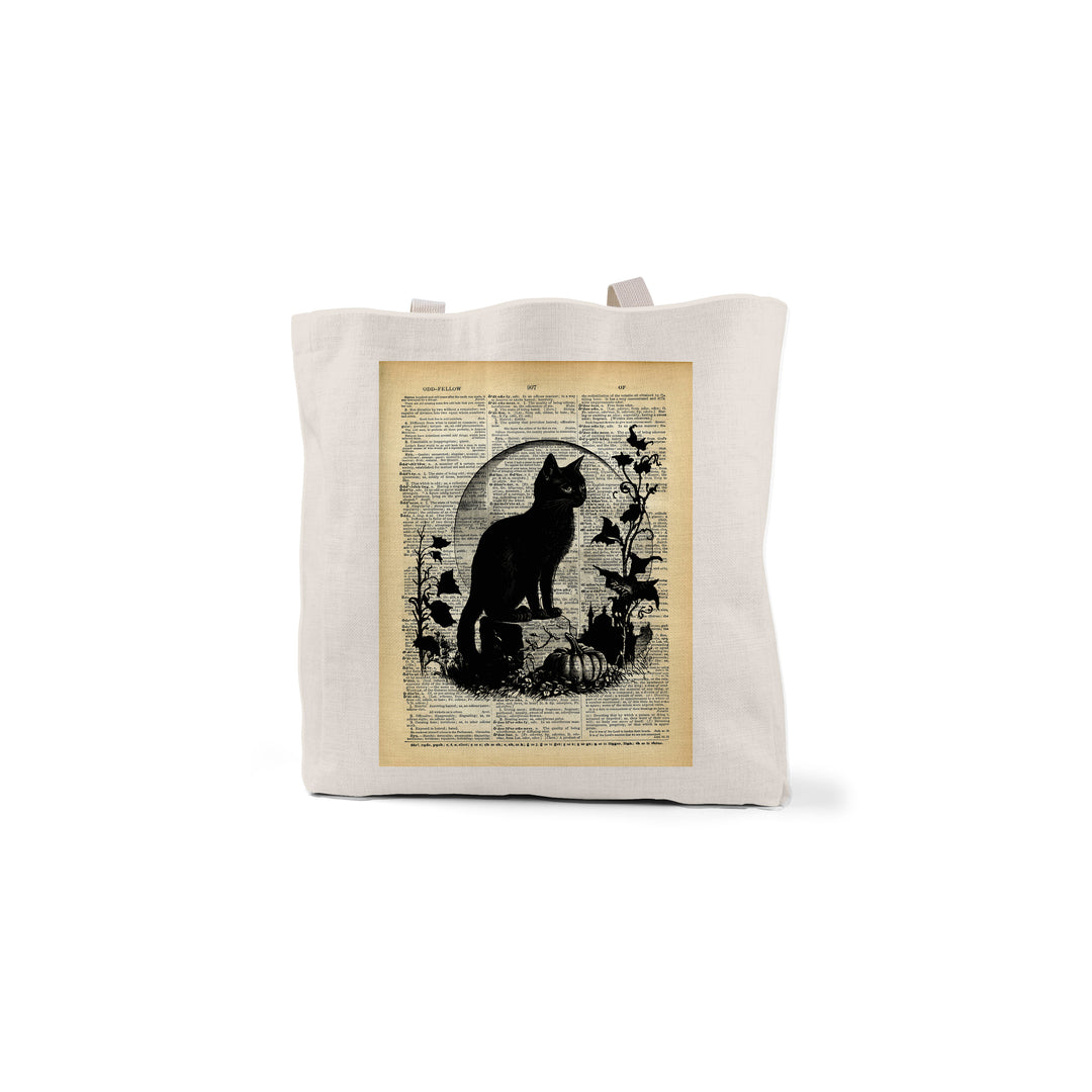 Vintage Halloween Tote, Black Cat, Candy Bag, Reusable Trick or Treat Bag, Christmas Gift