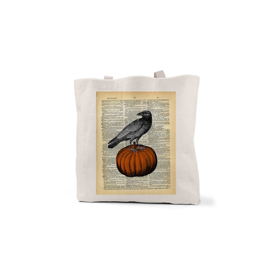 Vintage Halloween Tote Raven and Pumkin, Candy Bag, Reusable Trick or Treat Bag, Christmas Gift